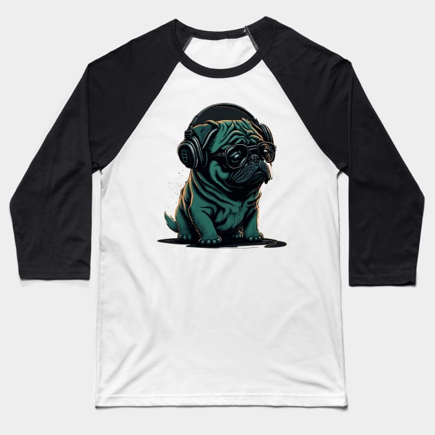 Pug wearing Headphones. Animal Pet  Dog Puppy Baseball T-Shirt by Stoiceveryday